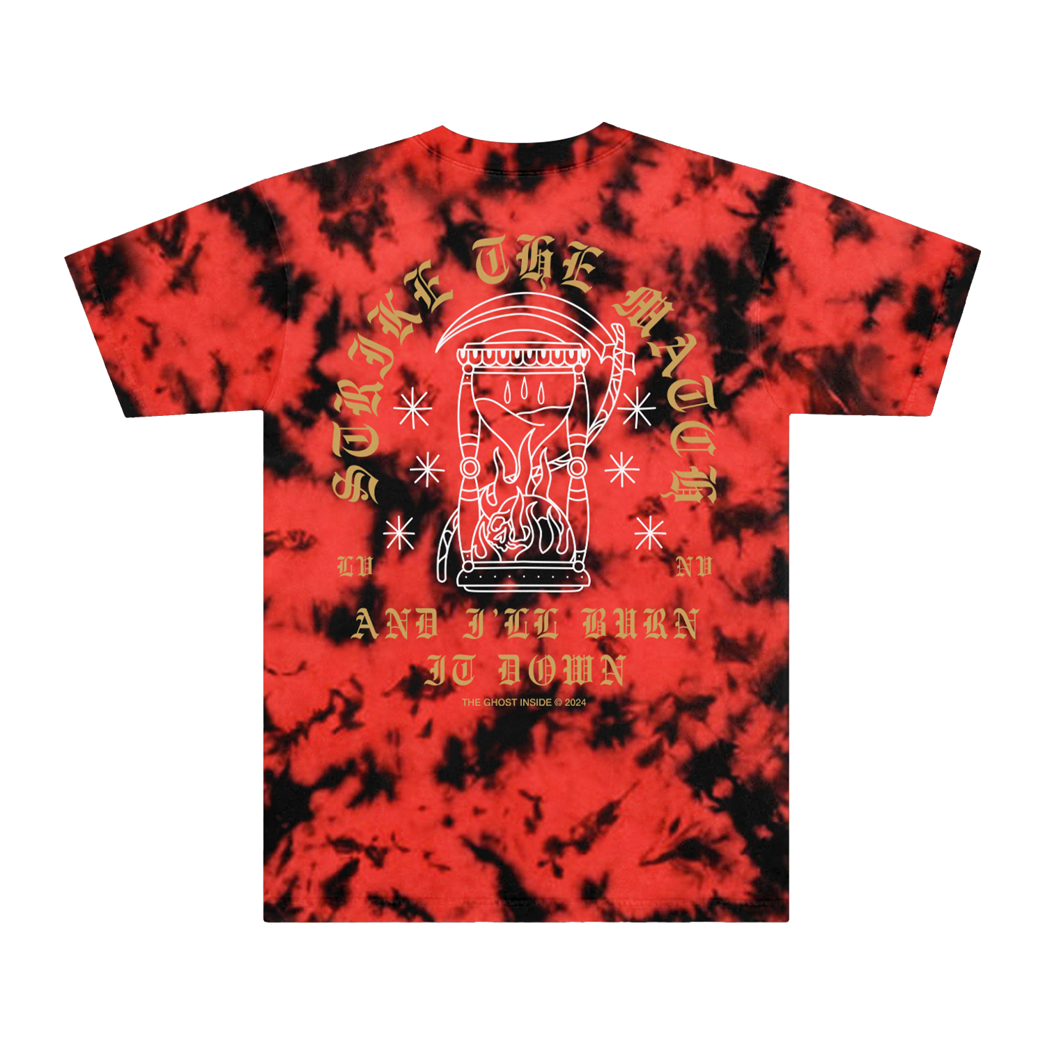 T-shirt Tie Dye Grim Reaper Con Falce E Catena Di Teschi Glow In T-shirt Tie Dye Grim Reaper Con Falce E Catena Di Teschi Glow In